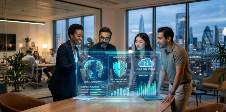A small business team reviewing a modern, futuristic technology management dashboard