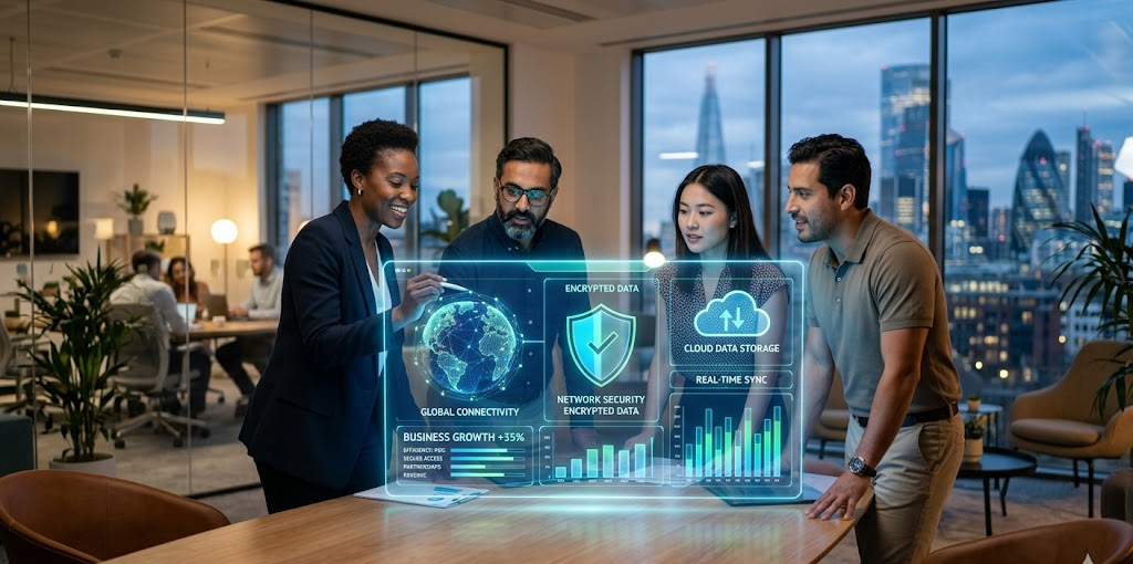 A small business team reviewing a modern, futuristic technology management dashboard