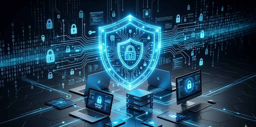 A visual representation of a digital security shield protecting a network of business devices.